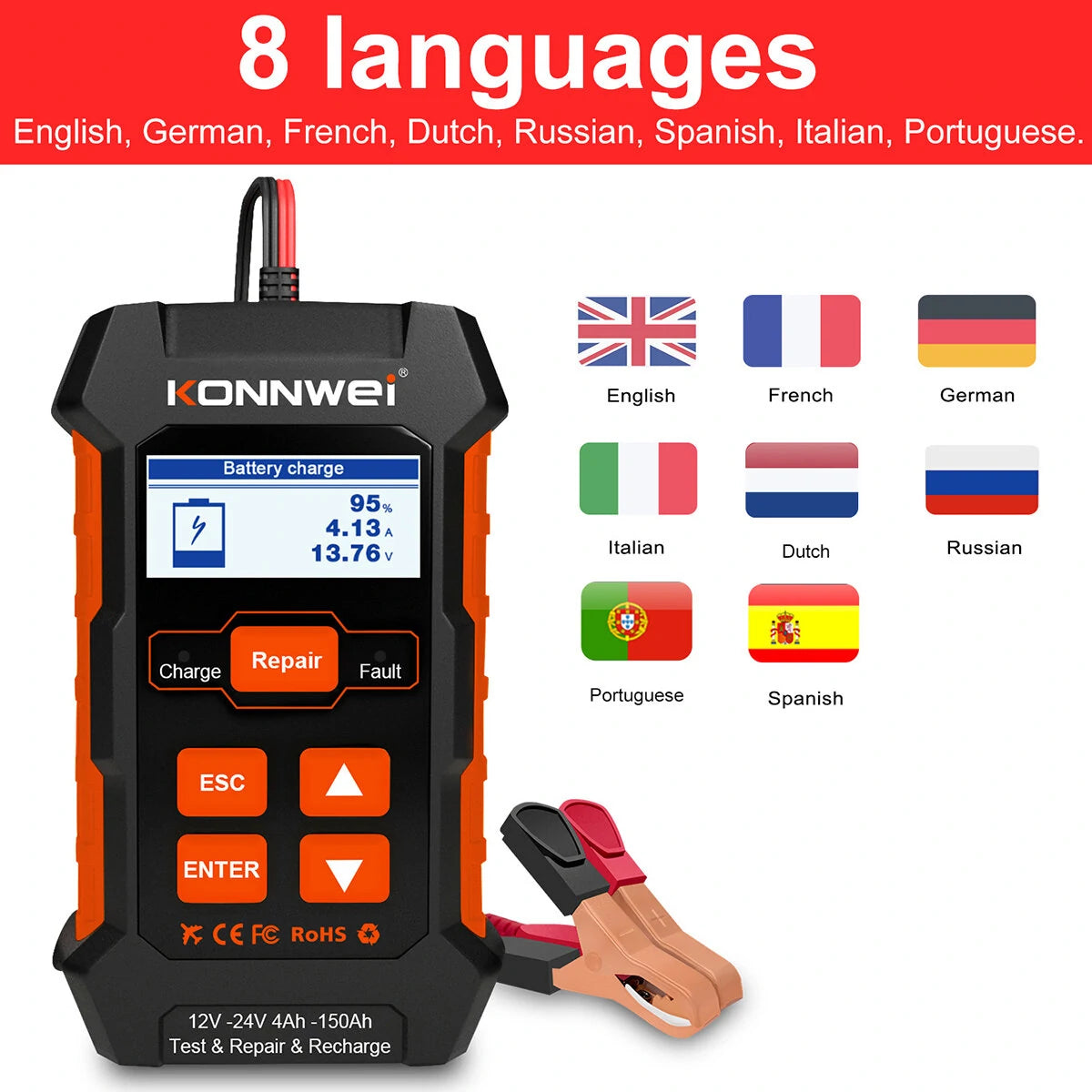 KONNWEI KW520 12V 24V Professional Car Battery Charger Repairer Diagnostic Tool Tester 3 In 1 EU Plug