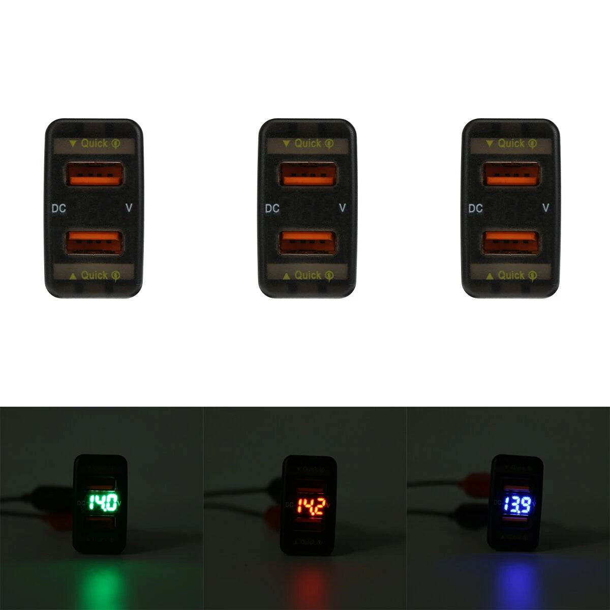 Dual USB QC Car Charger Socket Power Adapter With 12-24V Voltmeter LED Car Accessories 40mm*22mm For Toyota Quick Charge For Mobile Phone