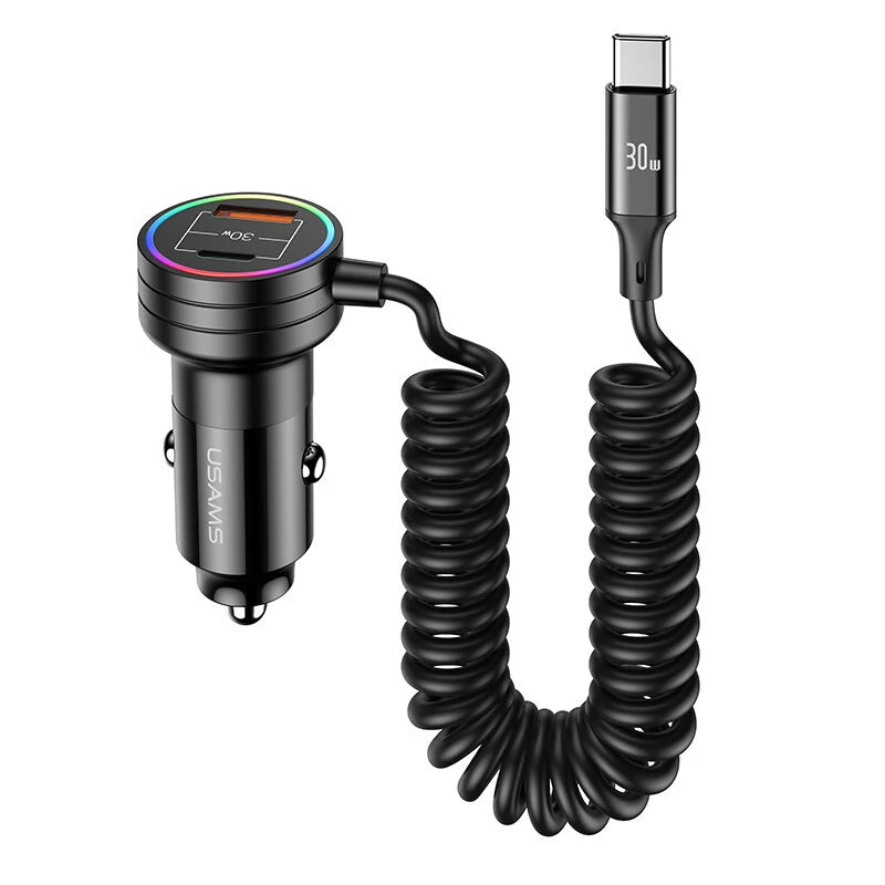 USAMS C33 60W 12-24V Car Charger USB Type C PD Fast Charge Hardware Plastic Belt with Aperture Spring Cable