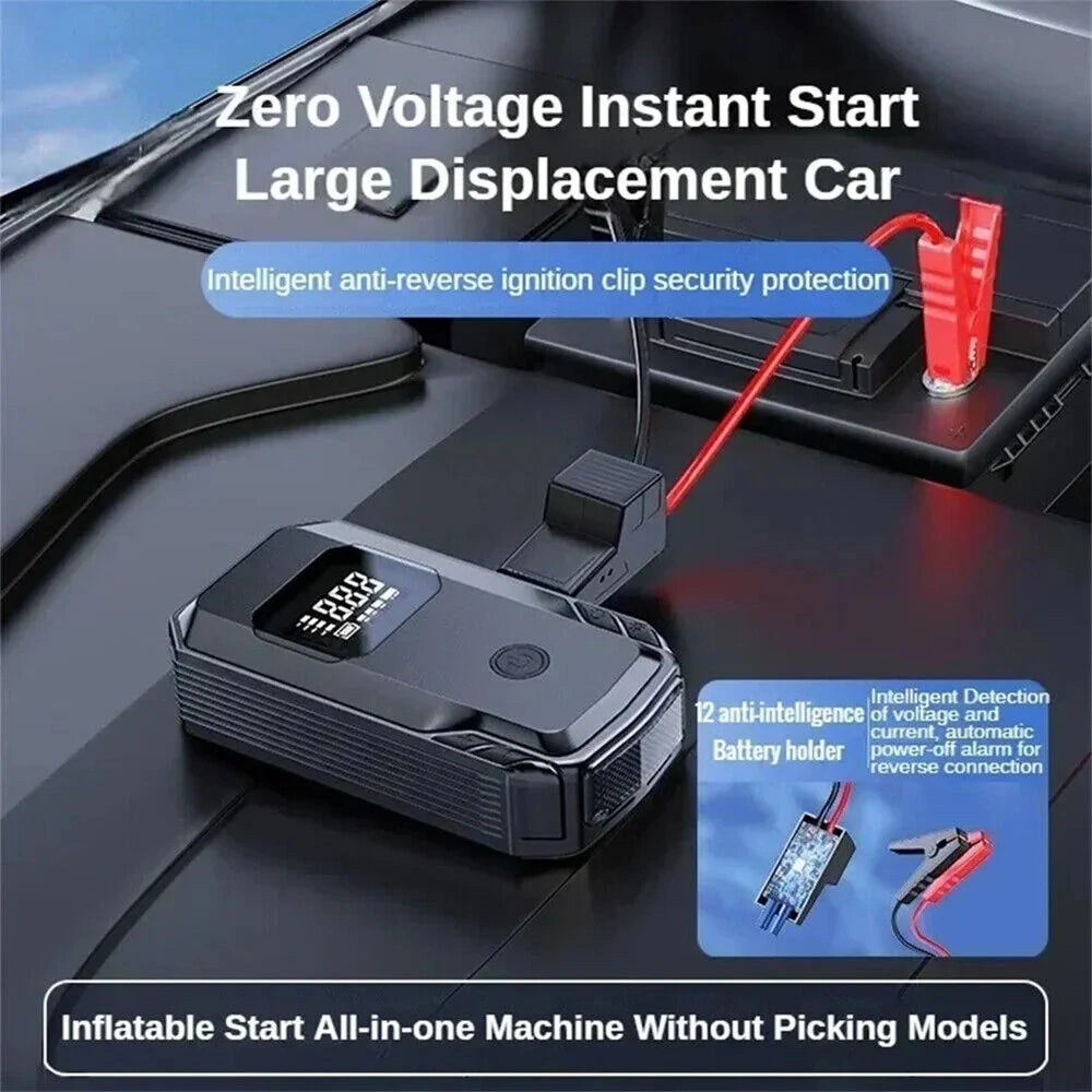 Car Jump Starter with Air Compressor Portable Booster Charger 1200A Powerful Battery Starting Device with Flashlight Tire Inflator