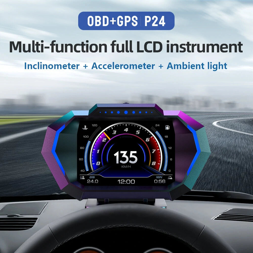 P24 Head Up Display Dual System Digtial Water Oil Temp Turbo Press lnclinometer HUD OBD2 Car Accessory On-board