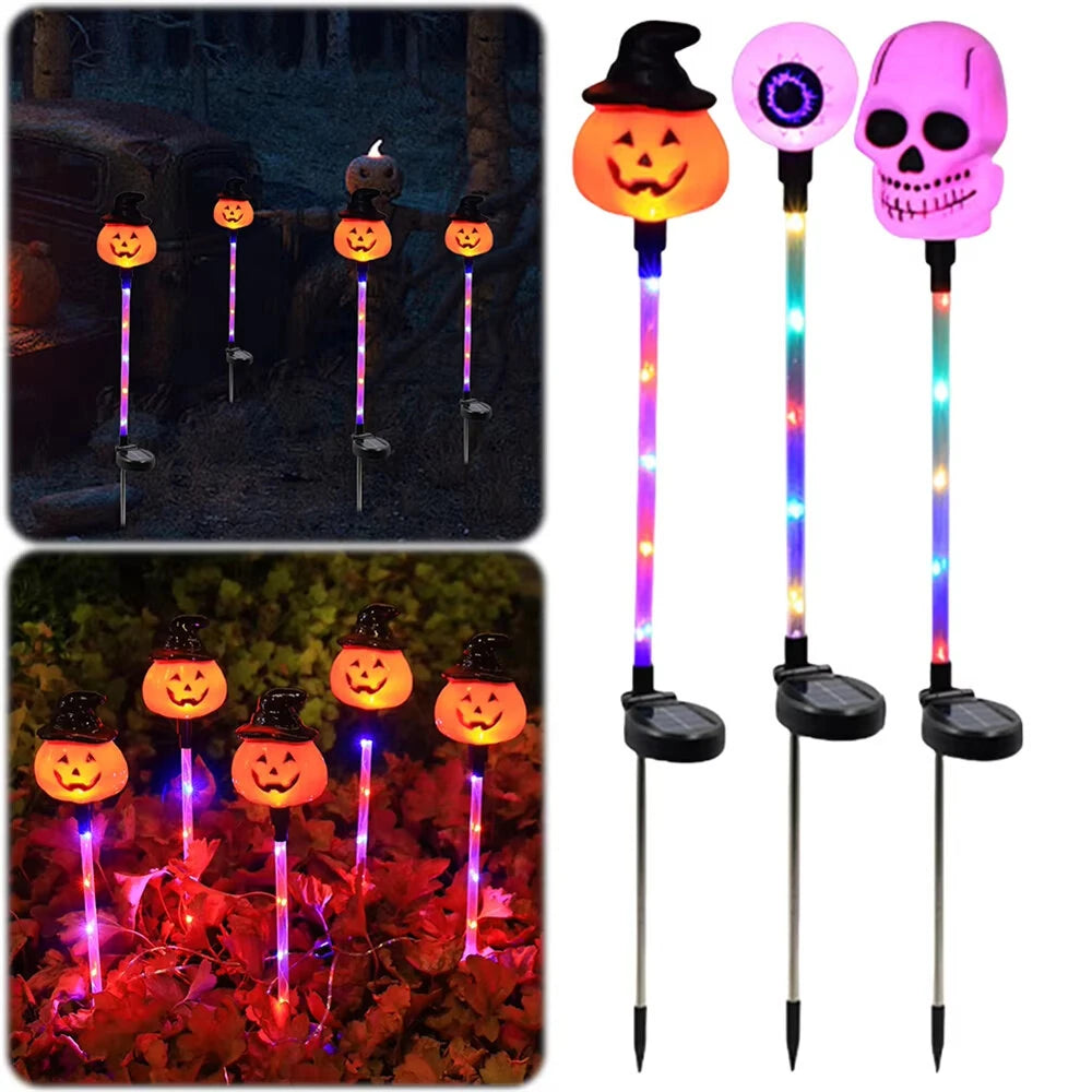Elfeland Solar Powered Halloween Garden Stakes Pumpkin/Eye/Skull Designs with Auto-On Light Sensor IP65 Waterproof Outdoor Lawn Decorations for Yard & Pathway
