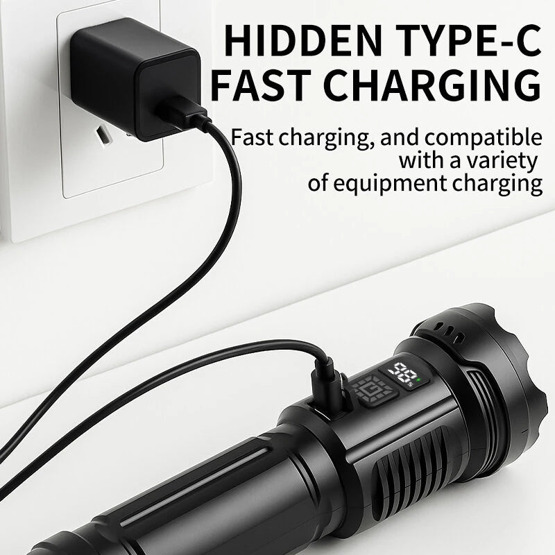 CY-016 Outdoors Digital Display Strong Flashlight with Side Lamp Versatile Light Output Type-C Rechargeable IPX4 Waterproof for Outdoor Emergency