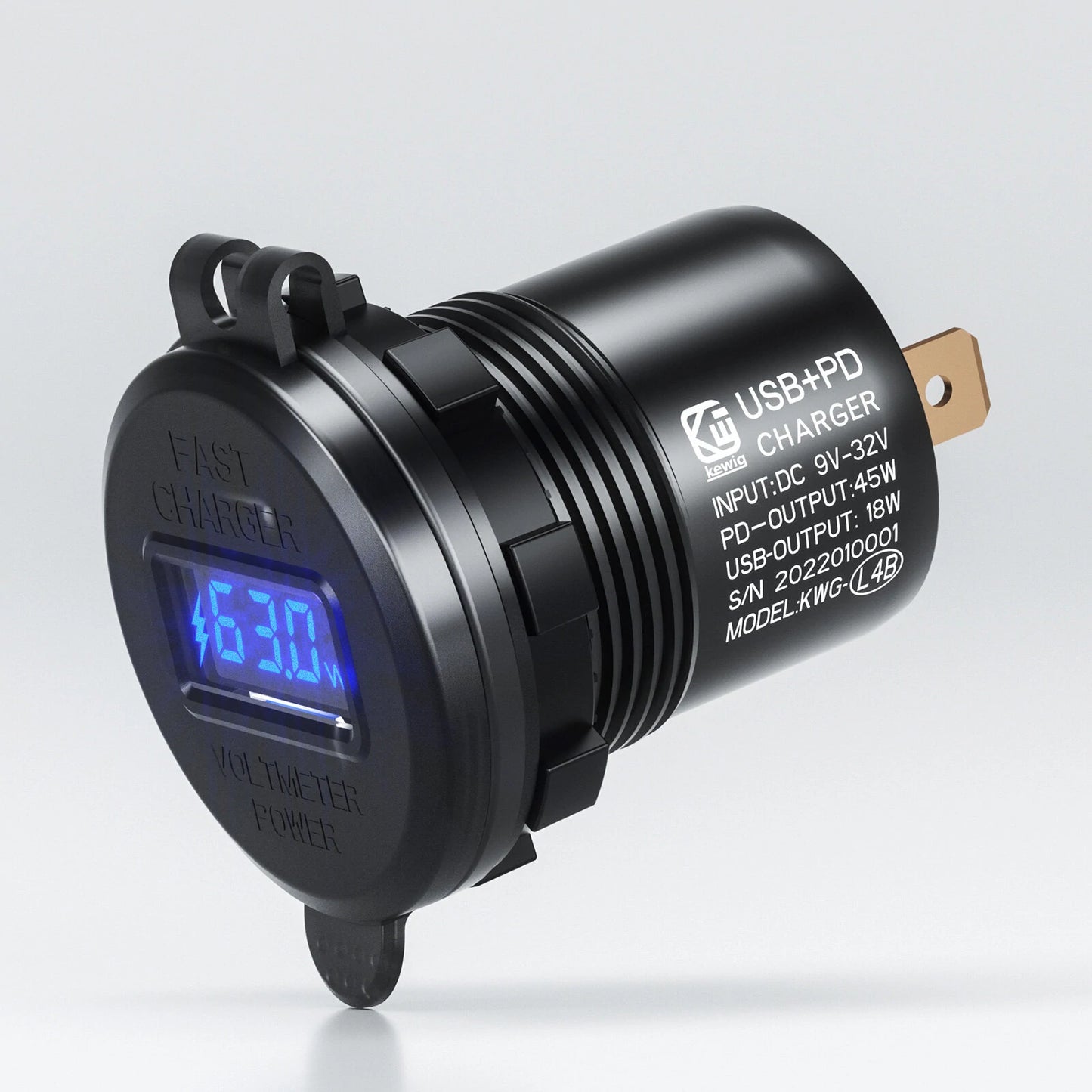 12-24V 63W Metal Car Charger Socket 45W PD + 18W QC3.0 with LED Voltage/Power Display ON/OFF Switch for SUV Motorcycle Truck Boat ATV