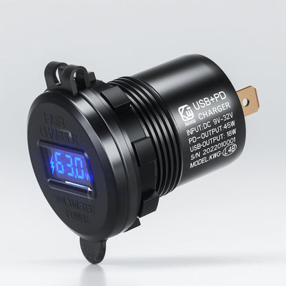 12-24V 63W Metal Car Charger Socket 45W PD + 18W QC3.0 with LED Voltage/Power Display ON/OFF Switch for SUV Motorcycle Truck Boat ATV