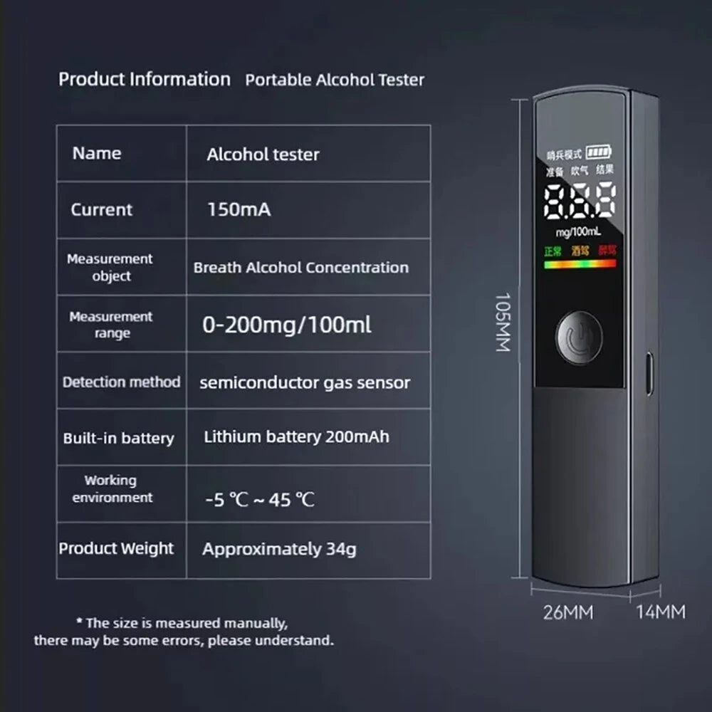 Portable High-Precision Alcohol Tester Breathalyzer Contactless Breath Sampling Home Car Breathalyzer with LED Display