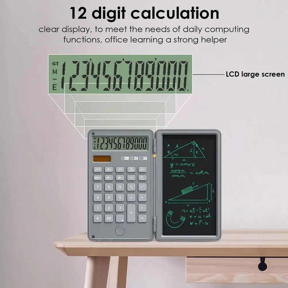 12 Digits Display Smart Calculator Handwriting Tablet Button Battery Solar Dual Power Supply Mini Scientific Calculator with Foldable Writing Tablet Financial Calculator Tablet Drawing Pad with Stylus Pen