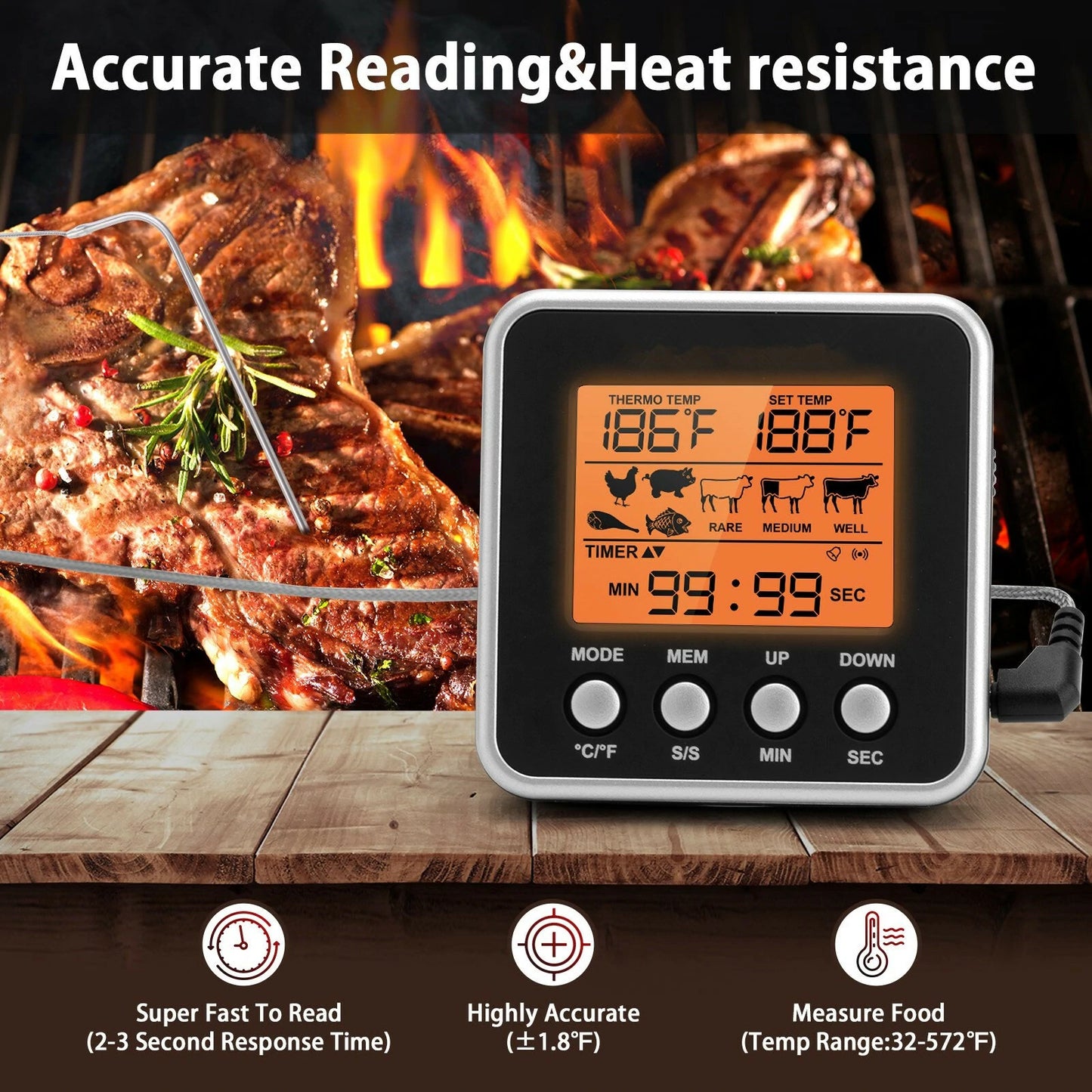 AGSIVO Digital Food Oven Meat Thermometer With Probe Timer Alert Backlight Outdoor Grill Cook Barbecue Kitchen Cooking BBQ Thermometer