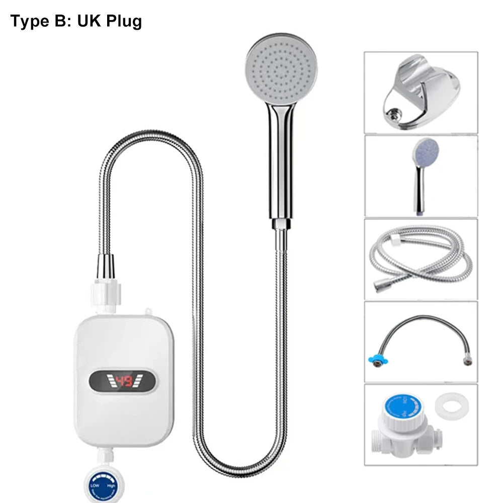Tevorex 3000W/3500W Portable Mini Water Heater 110V/220V Instant Electric Heater IPX4 Waterproof Adjustable Temperature for Shower EU/UK/US Plug