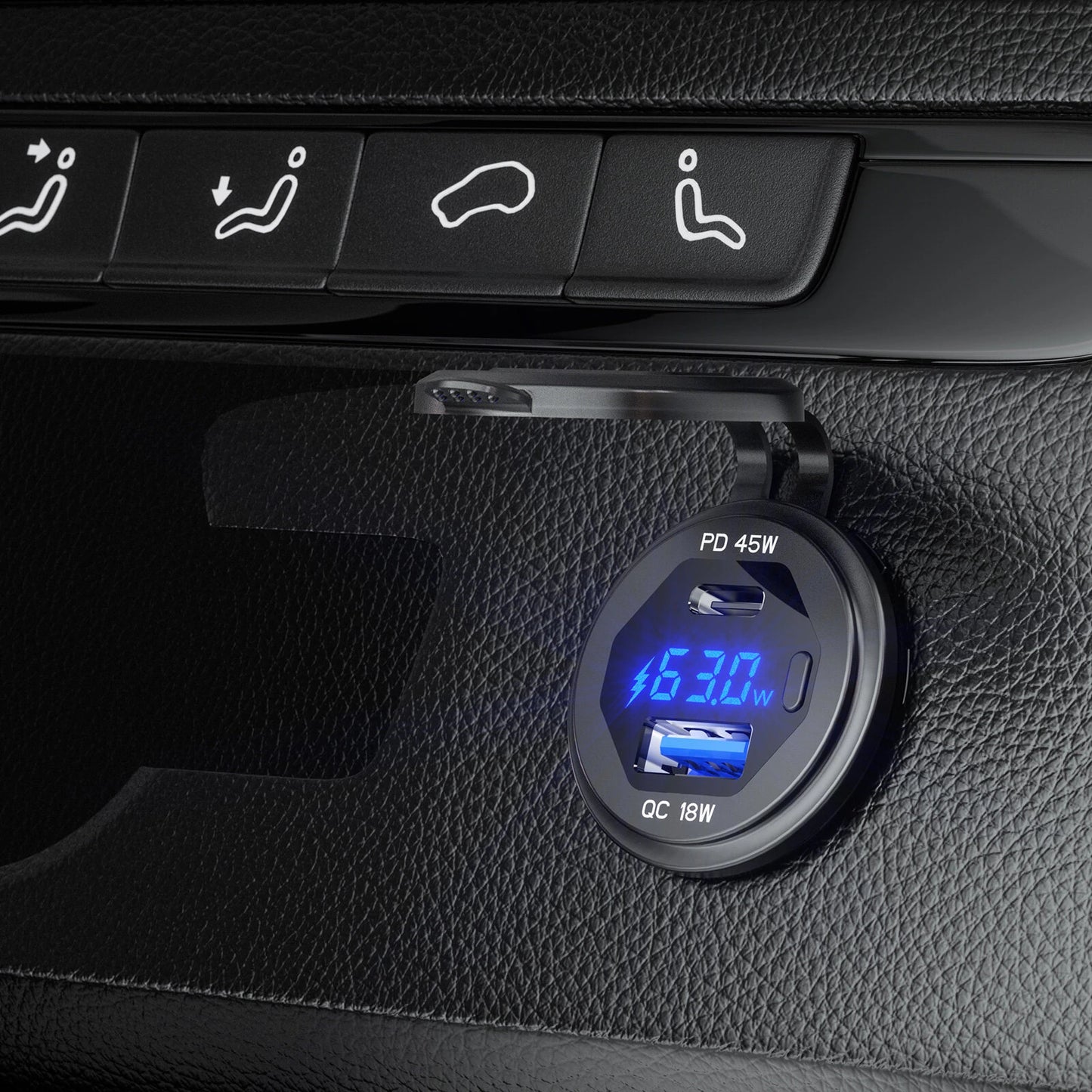 12-24V 63W Metal Car Charger Socket 45W PD + 18W QC3.0 with LED Voltage/Power Display ON/OFF Switch for SUV Motorcycle Truck Boat ATV