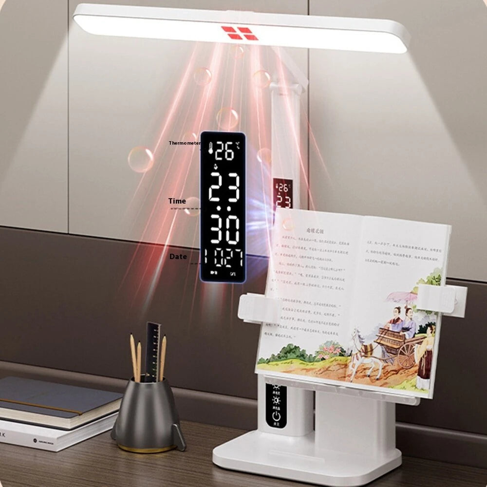 Elfeland LED Eye-Care Desk Lamp 3 Color Temperatures & 5-Level Brightness Dimmable USB Rechargeable 6000mAh With Clock & Thermometer Display Pen Holder Book Holder