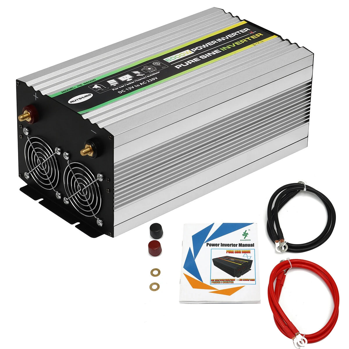 AUTSOME 12V to 220V Converter Pure Sine Wave Power Inverter Dual LCD Digital Display 2 Sockets Multiple Protection Functions