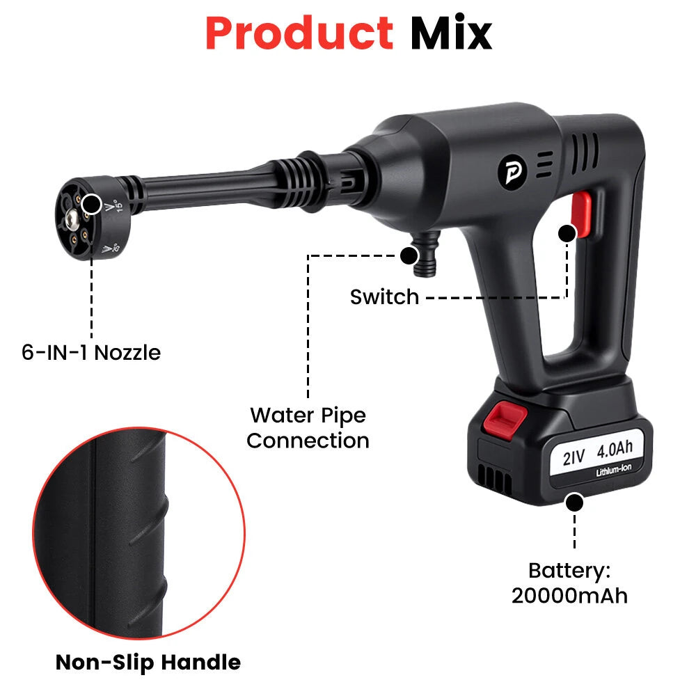 POPDEER PD-W01 4.0Ah 200Bar 3500W High Pressure Cordless Car Washer 6-in-1 Multi-Function Nozzle Car Cleaning Water Gun