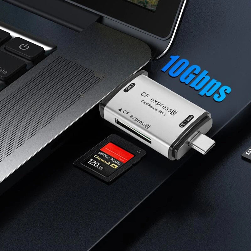 USB3.2 Gen2 CFExpress Card Reader 10Gbps High Speed 2 in 1 USB & Type-C Memory Card Reader Zinc Alloy Portable Design for Smartphone PC Computer Plug and Play