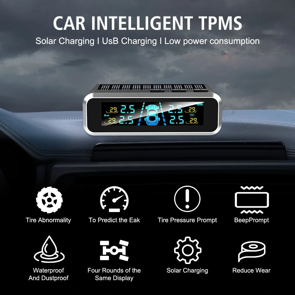 Solar Charging TPMS Car Tire Pressure Monitoring System Digital LCD Display Four-wheel Pressure Real-time Monitorings