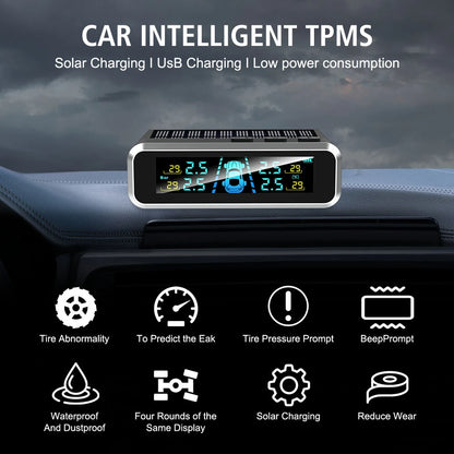 Solar Charging TPMS Car Tire Pressure Monitoring System Digital LCD Display Four-wheel Pressure Real-time Monitorings