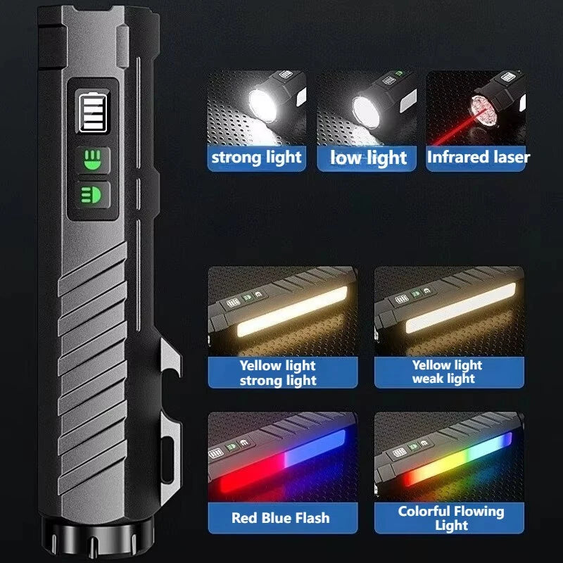 BIKIGHT LY-908 Multifunctional Aluminum Alloy Flashlight with RGB Side Lights Red LEP Pointer 3000mAh Magnetic Tail Type-C Rechargeable Smart Display for Outdoor Camping Emergency Lamps