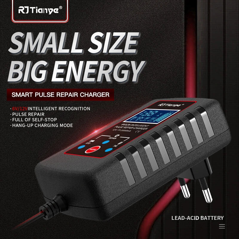 RJtianye Smart Automatic Motorcycle Battery Charger with 2m Clamp for 6V-12V 2Ah-20Ah Lead-Acid Battery