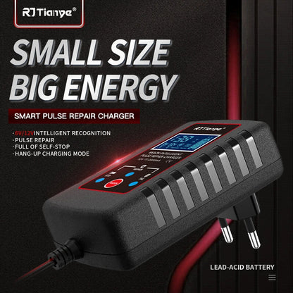 RJtianye Smart Automatic Motorcycle Battery Charger with 2m Clamp for 6V-12V 2Ah-20Ah Lead-Acid Battery