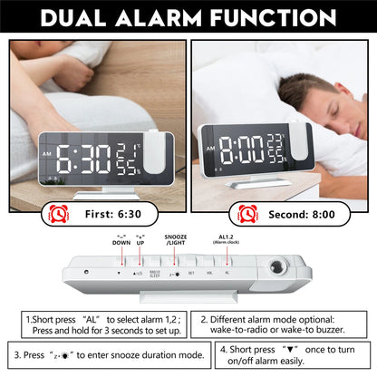 LED Mirror Alarm Clock Big Screen Temperature and Humidity Display with Radio and Time Projection Function Electronic Clock Rechargeable
