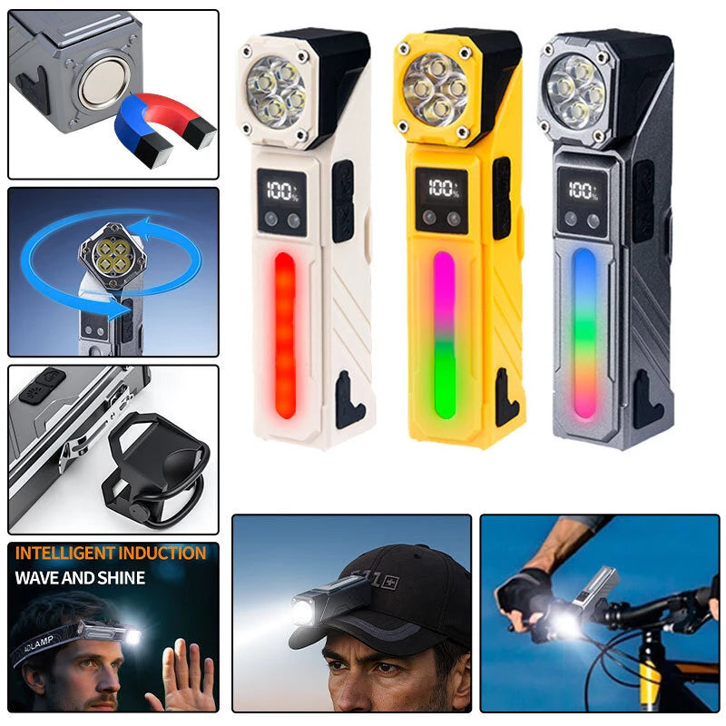 T130 Motion Sensor Multifunction LED Headlamp with Digital LCD Display Dual Light Source Magnetic Attraction Waterproof Work Lamp for Camping Hiking Cycling