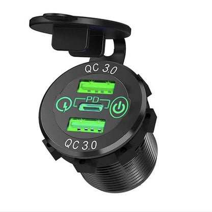 12V-24V 60W Triple USB Car Charger Socket PD3.0 & Dual QC3.0 with Touch Switch Fast Charge Adapter Bus Trailer Boats