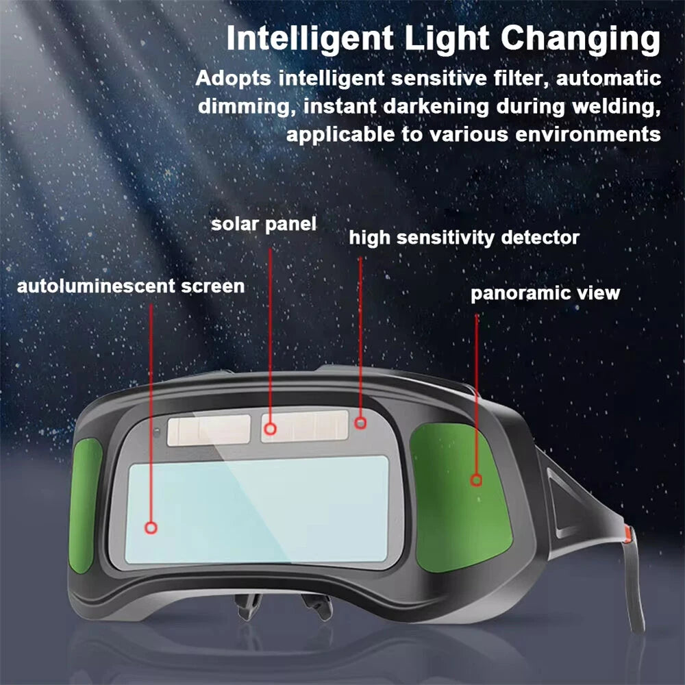 Auto Darkening Welding Goggles Large View Screen Intelligent Dimming Protective Glasses Solar-Powered Adjustable Comfortable Fit for Arc Welding Cutting Grinding Polycarbonate Material