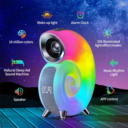 Conch RGB LED Night Light Wake Up Lamp Sleep Light Smart Atmosphere Lamp Blue Tooth Clock Alarm speaker with Stereo BT Speaker