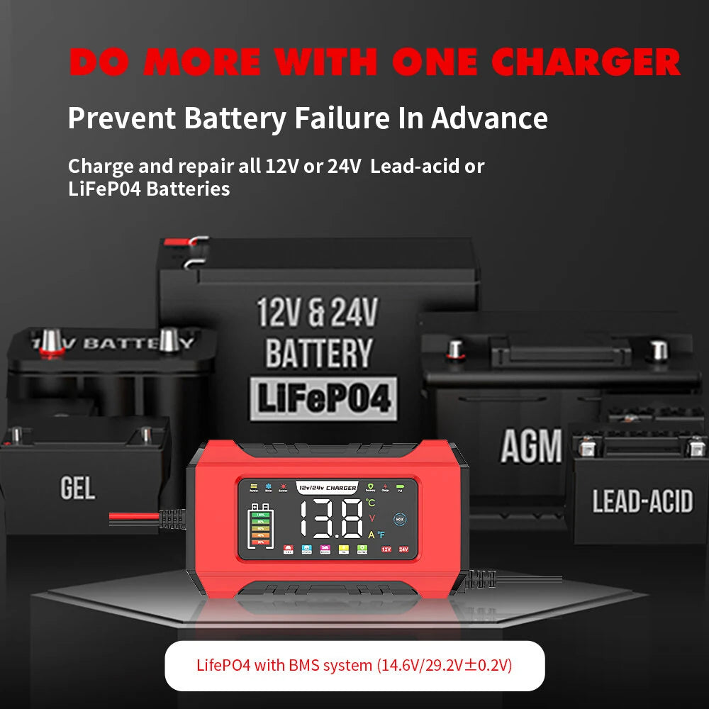 RJtianye 9 Stage Charging 12V 15A / 24V 8A Large Color Screen Battery Charger Trickle Charge Mode for 12V 2Ah-200Ah / 24V 2Ah-100Ah LiFePO4 Lead Acid Battery