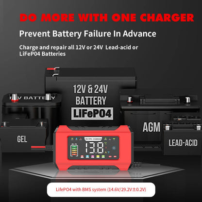 RJtianye 9 Stage Charging 12V 15A / 24V 8A Large Color Screen Battery Charger Trickle Charge Mode for 12V 2Ah-200Ah / 24V 2Ah-100Ah LiFePO4 Lead Acid Battery