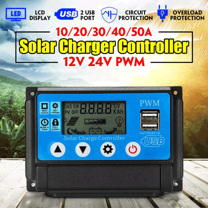 Excellway 12V 24V 10/20/30/40/50A Auto Solar Panel Solar Charge Controller Battery Charge Adapter USB LCD Display