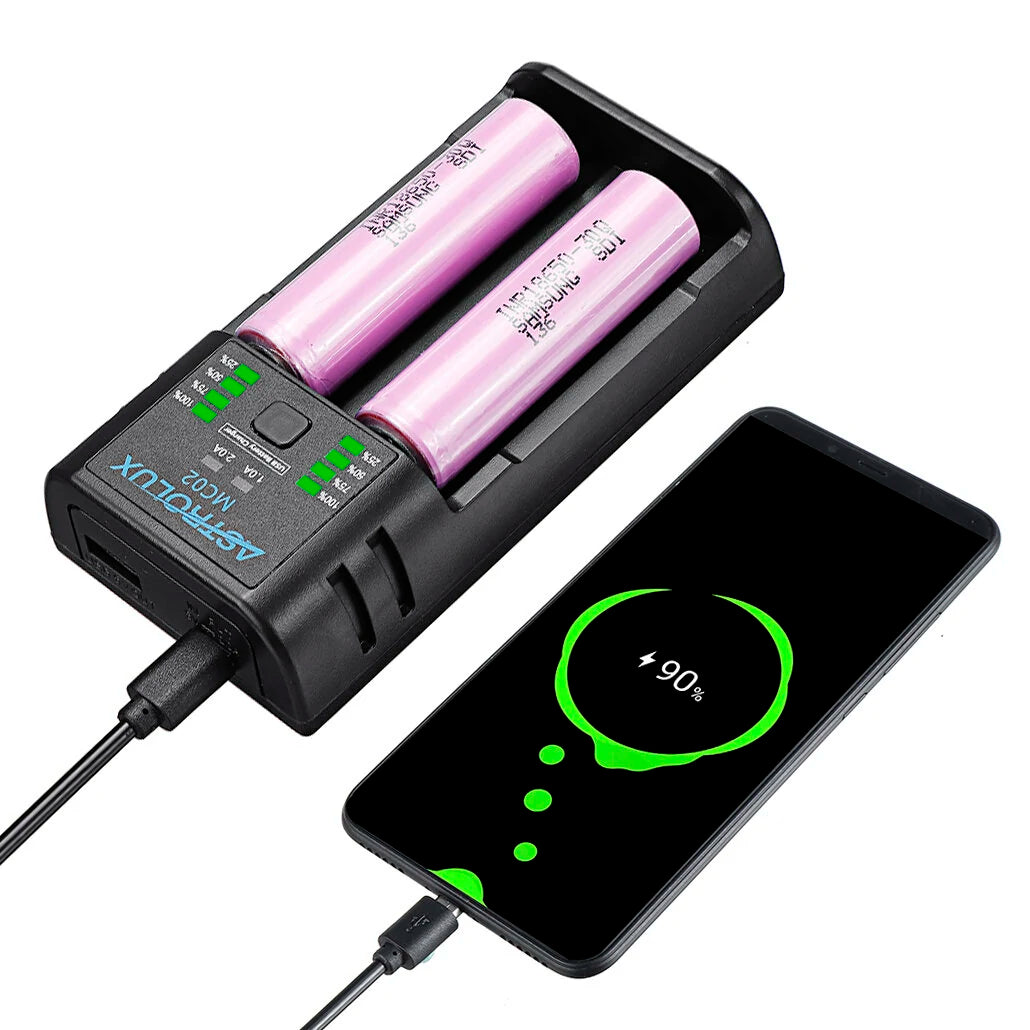 Astrolux MC02 2 in1 USB Charging Mini Battery Charger Portable Mobile Phone Power Bank Current Optional Charger For 18650 21700 26650 Li-ion Battery