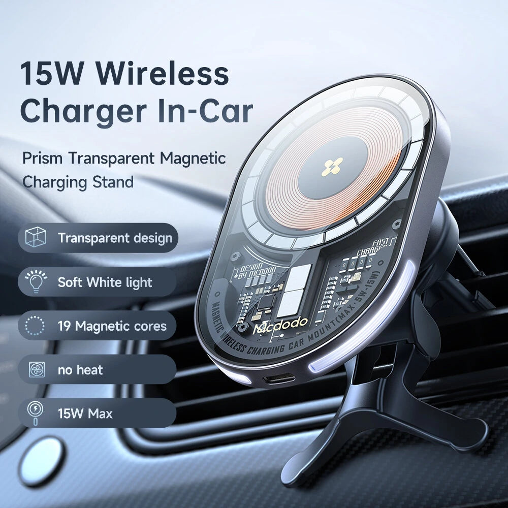 Mcdodo 15W Magnetic Wireless Charger Car Mount PD3.0 QC3.0 Fast Charging Transparent 360 Rotation Breathing Light