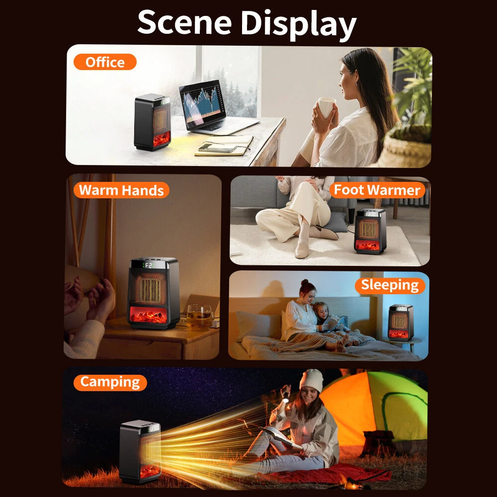 1500W 3D Dynamic Flame Heater PTC Rapid Heating Heater 2 Gear Hot Wind Ambient Light 4 Gears Timing Function for Home Office