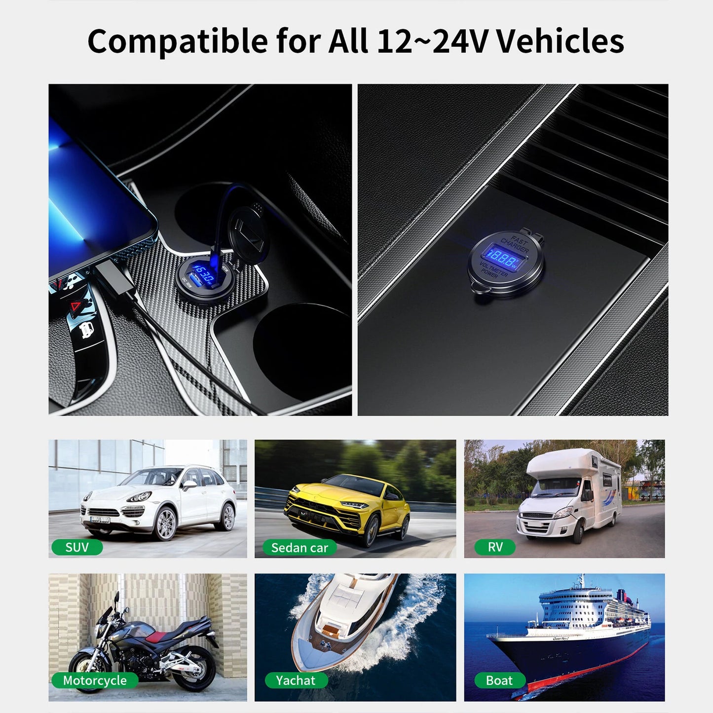 12-24V 63W Metal Car Charger Socket 45W PD + 18W QC3.0 with LED Voltage/Power Display ON/OFF Switch for SUV Motorcycle Truck Boat ATV