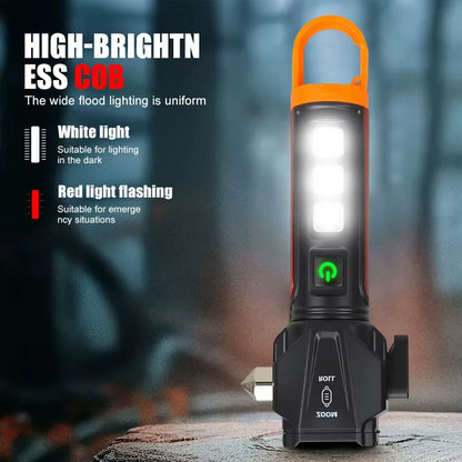 BL-X90 Zoom Handheld Flashlight with Dual Light Source Safety Hammer & Seat Belt Cutter USB-C Rechargeable Waterproof for Car Emergency Outdoor Tactical Lamp with Hook