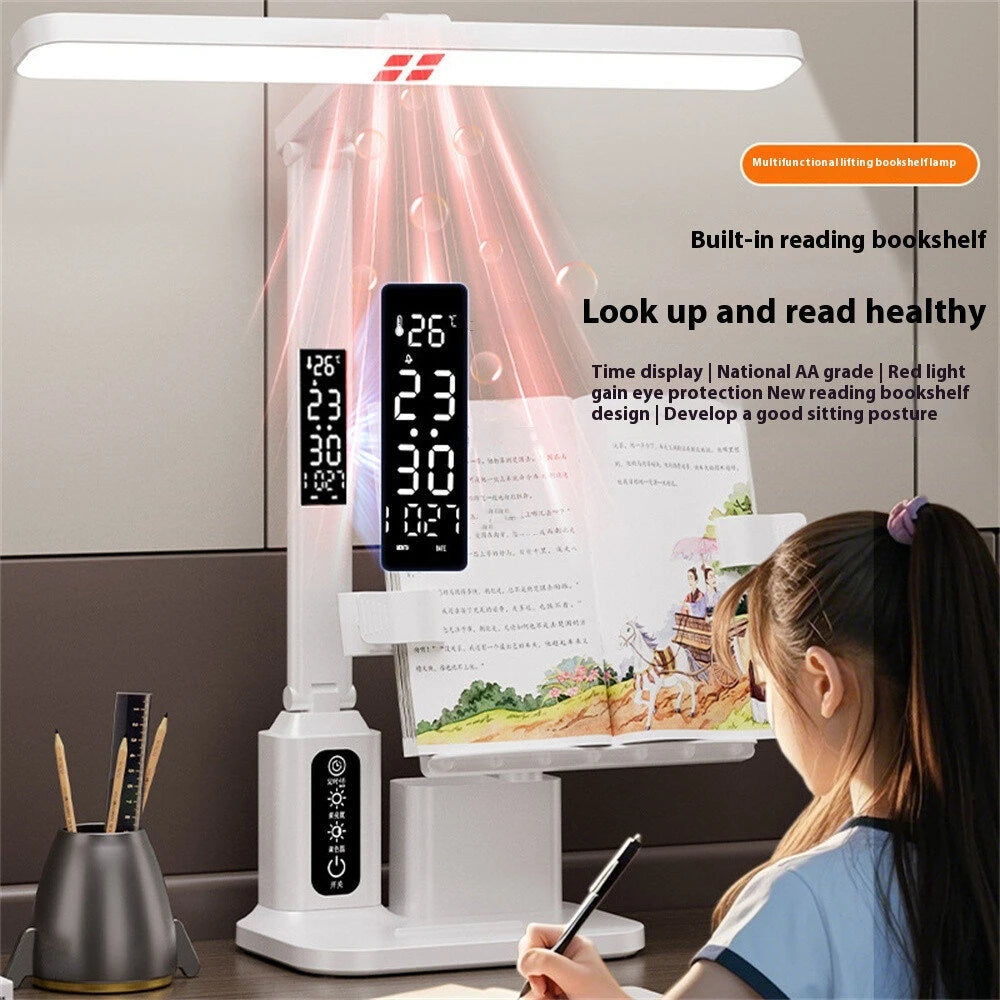 Elfeland LED Eye-Care Desk Lamp 3 Color Temperatures & 5-Level Brightness Dimmable USB Rechargeable 6000mAh With Clock & Thermometer Display Pen Holder Book Holder