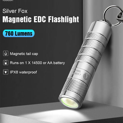 Lumintop Silver Fox 2.0 760LM EDC LED Keychain Flashlight with 14500 USB-C Charging Battery, Powerful Magnetic Tail Mini Torch Outdoor Camping Pocket Light