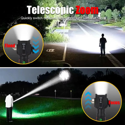 BL-X90 Zoom Handheld Flashlight with Dual Light Source Safety Hammer & Seat Belt Cutter USB-C Rechargeable Waterproof for Car Emergency Outdoor Tactical Lamp with Hook