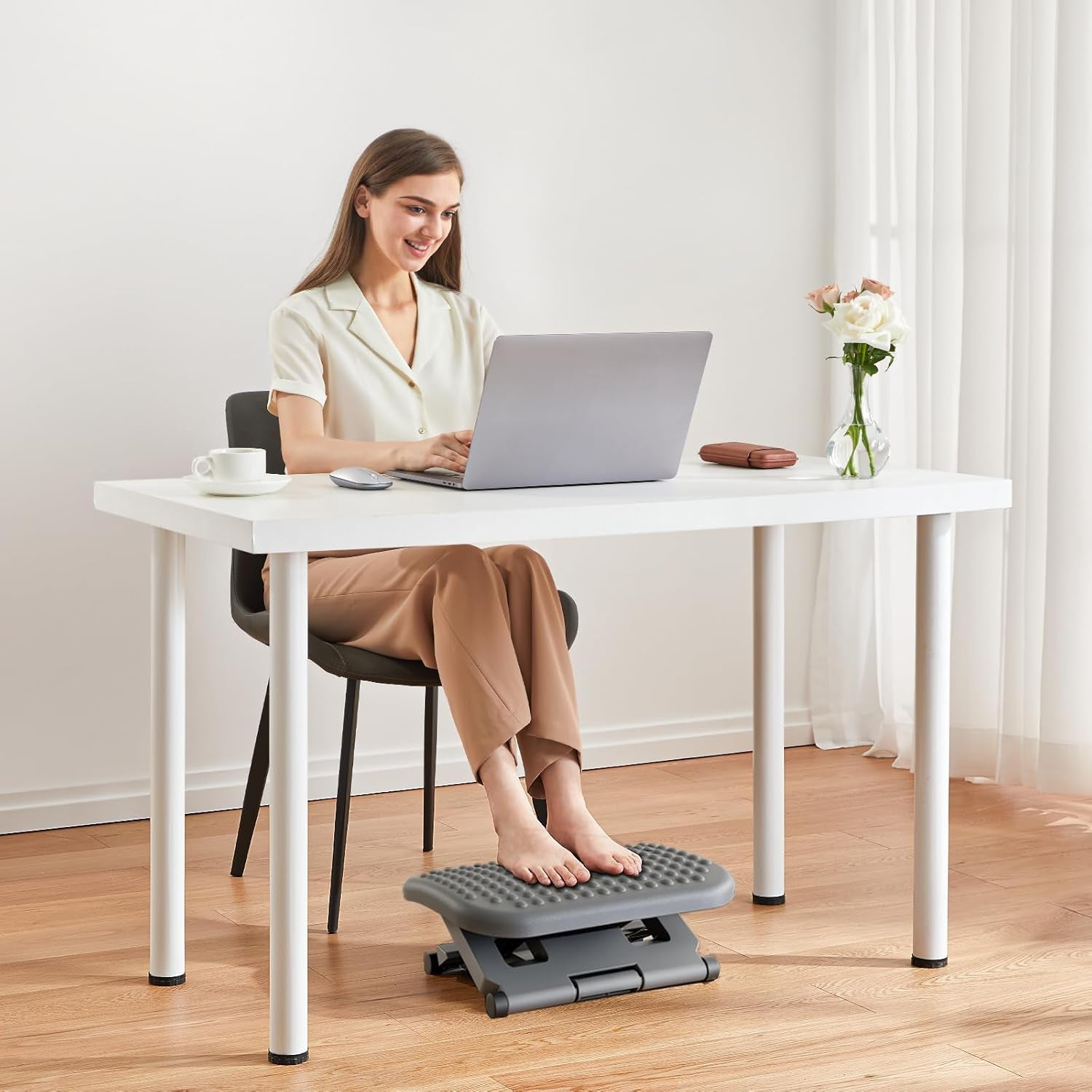 Adjustable Desk Footrest, Foot Rest for under Desk at Work with Massage, Adjustable Foot Stool with 3 Height Position & 30 Degree Tilt Angle Adjustment for Home, Office, Gray