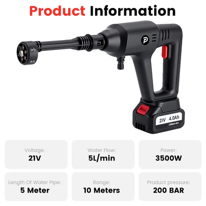 POPDEER PD-W01 4.0Ah 200Bar 3500W High Pressure Cordless Car Washer 6-in-1 Multi-Function Nozzle Car Cleaning Water Gun