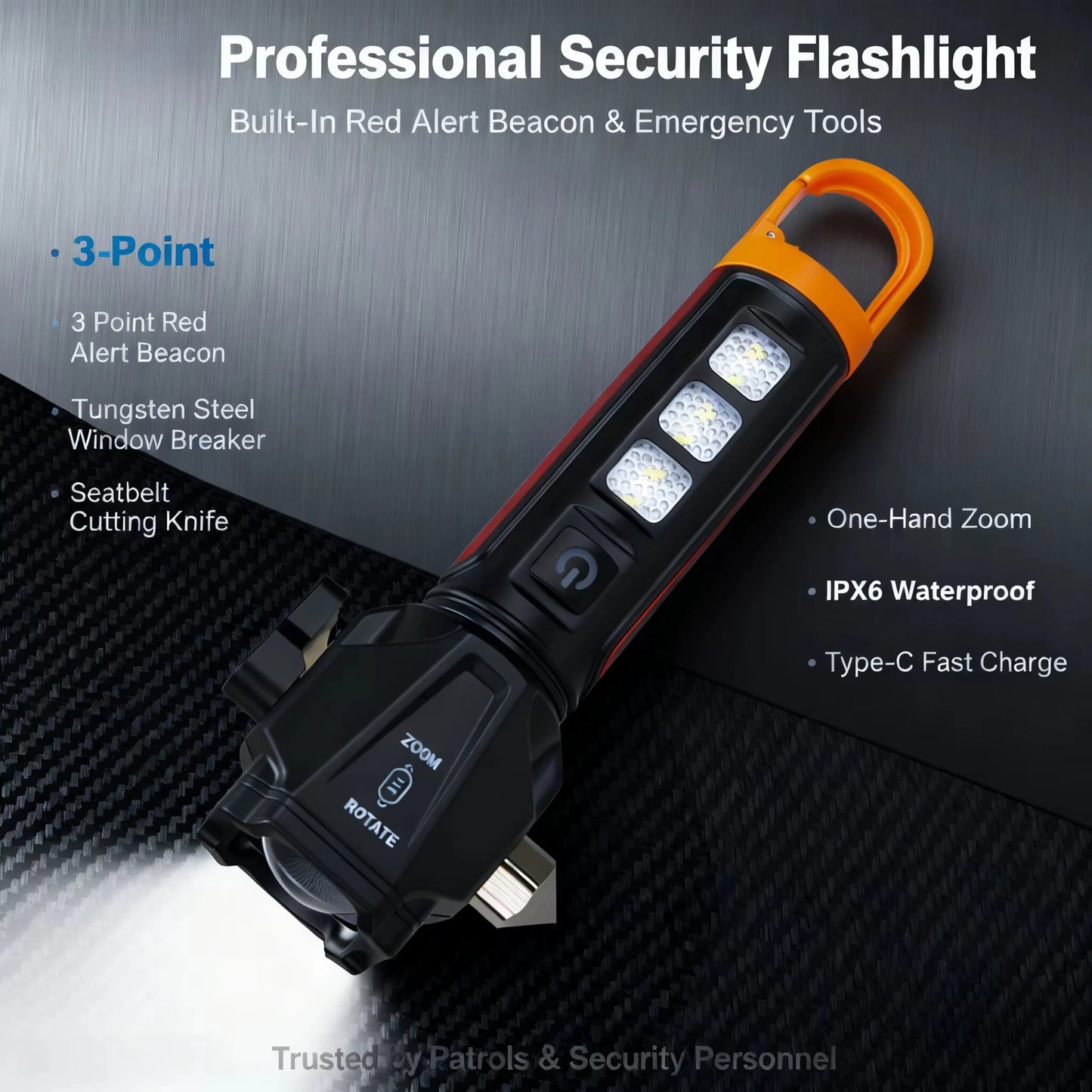 BL-X90 Zoom Handheld Flashlight with Dual Light Source Safety Hammer & Seat Belt Cutter USB-C Rechargeable Waterproof for Car Emergency Outdoor Tactical Lamp with Hook