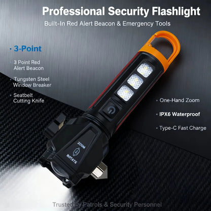 BL-X90 Zoom Handheld Flashlight with Dual Light Source Safety Hammer & Seat Belt Cutter USB-C Rechargeable Waterproof for Car Emergency Outdoor Tactical Lamp with Hook