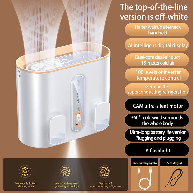 Dual Air Duct Waist-hanging Fan 100 Speeds Wind Clip 6000mAh Rechaegeable Air Cooling Brushless Fan Light Outdoor Lanyard Fan