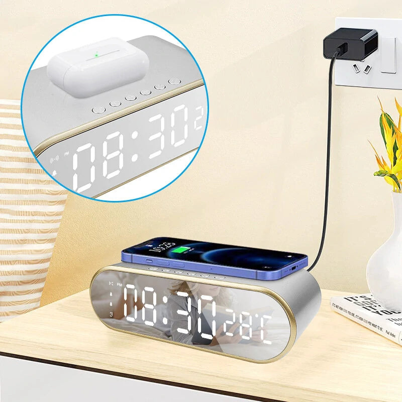 LED Mirror Digital Alarm Clock Support Phone Wireless Charging 2 Alarm Group Snooze Function Real-Time Temperature