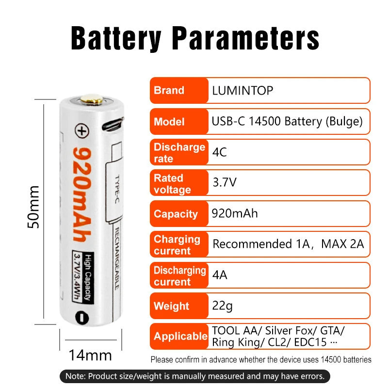 Lumintop 14500 Lithium Battery with TYPE-C Direct Charging Port 3.7V/3.4wh 920mAh Rechargeable Cell For Flashlights, RC Toys, Home Tools
