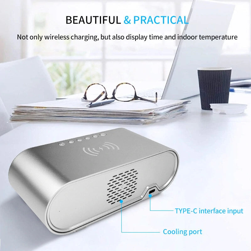 LED Mirror Digital Alarm Clock Support Phone Wireless Charging 2 Alarm Group Snooze Function Real-Time Temperature