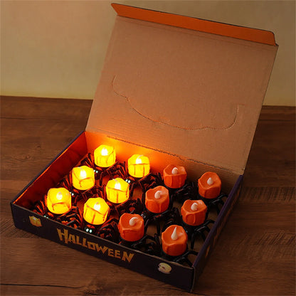Elfeland 12PCS Halloween Spider Tea Lights with Glowing Eyes LED Flameless Spider Candle Halloween Decors with Skull & Eye Designs for Party Home Scary Atmosphere