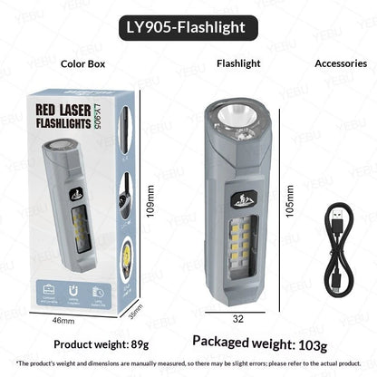 Bikight LY-905 Outdoors Magnetic LED Flashlight with Red LEP Pointer Dual Light Mode 5-Gear Dimming USB-C Recharging 18650 Battery for Outdoor Camping Hiking Emergency Tactical Torch Lamp with Back Backle Clip