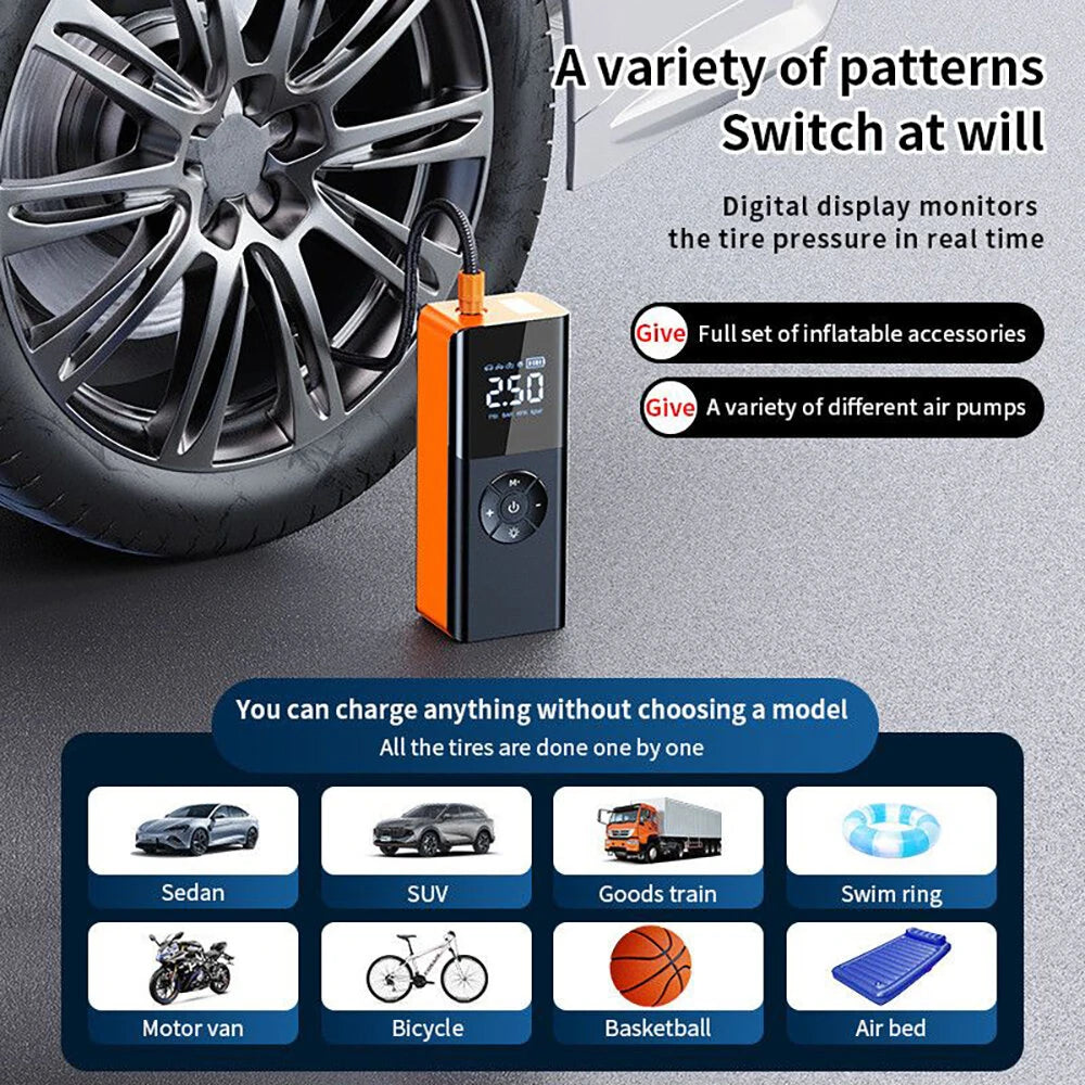 80W Car Tire Inflator Portable Air Compressor 150 PSI Electric Tire Inflator Cordless Tire Pump with Digital LED Display Emergency Light